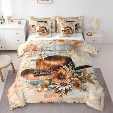 Imagem de Erosebridal Jogo de edredom solteiro de caubói ocidental 7 peças | Country Western, chapéus, hippie, florescendo, floral, reversível, americano, velho oeste, respirável, leve