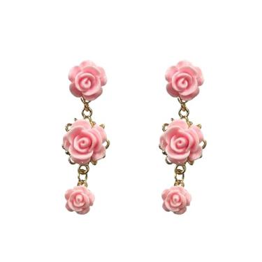 Imagem de YUNXI Brincos femininos com pingente de flor de rosa vermelha com borla longa, Large, Resina, Sem pedra preciosa