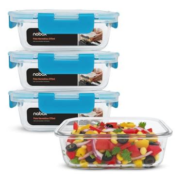 Imagem de Kit 4 Potes de Vidro Retangular com Tampa Flexível 370ml (Azul)