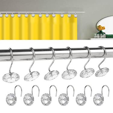 Imagem de 12 ganchos de cortina de chuveiro, anéis de acrílico para cortina de chuveiro, anéis decorativos de diamante redondo, ganchos à prova de ferrugem para varões (branco)