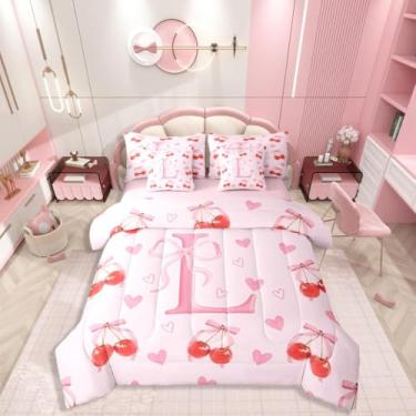 Imagem de Jogo de cama solteiro com letra G, 7 peças, laço kawaii, monograma, estilo princesa, inclui edredom, conjunto de lençol, fronhas e fronhas, decoração de quarto de coração fofo para amantes de cereja