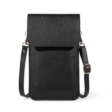 Imagem de Bolsas femininas pequenas transversais de couro da moda com compartimento triplo com tela sensível ao toque com bloqueio de RFID, Preto, Medium, Tendência