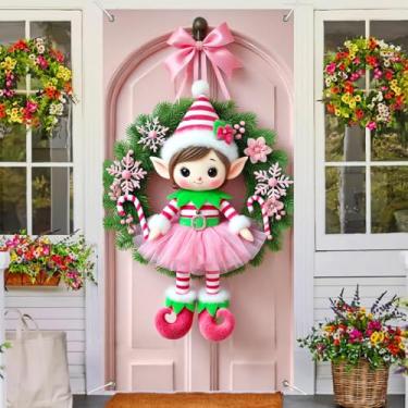 Imagem de BlissYard Capa de porta de Natal linda guirlanda de boneca de elfo rosa decoração de porta de férias para quarto de meninas inverno festivo porta da frente pendurada decoração interna ao ar livre cena