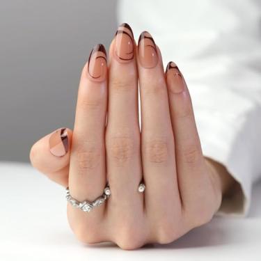 Imagem de Unhas postiças curtas médias amêndoas castanhas francesas com cobertura completa simples Desien cola acrílica falsa em unha para mulheres, 24 peças