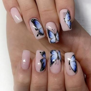 Imagem de Pregos postiços quadrados médios rosa com design Exquiste Butterfly Glitter Capa de cola acrílica falsa em unha para mulheres, 24 peças