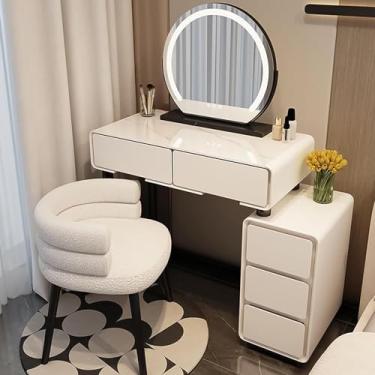 Imagem de Conjunto de mesa de maquiagem com cômoda espelhada e banquinho acolchoado ajustável em 3 cores com gavetas de luz sensível ao toque para quarto