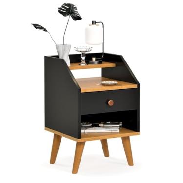 Imagem de Mesa De Cabeceira Para Quarto Pés Retro Criado 1 Gaveta(DAKOTA - PRETO/FREIJO)