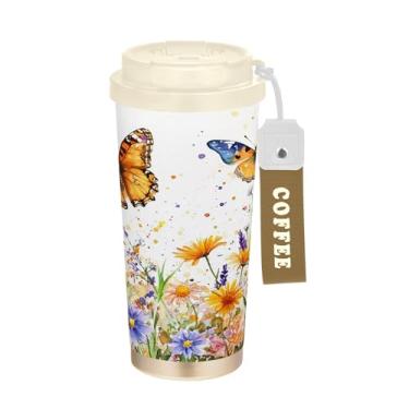 Imagem de SEHANY Caneca de viagem borboleta e flores de 482 ml Copos de café reutilizáveis revestidos de cerâmica com tampa à prova de vazamento, parede dupla, isolamento a vácuo, copo de café de aço inoxidável