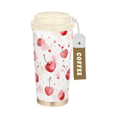 Imagem de SEHANY Caneca de viagem de cereja fofa de 482 g Copos de café reutilizáveis revestidos de cerâmica com tampa à prova de vazamento, parede dupla, isolamento a vácuo, copo de café de aço inoxidável para