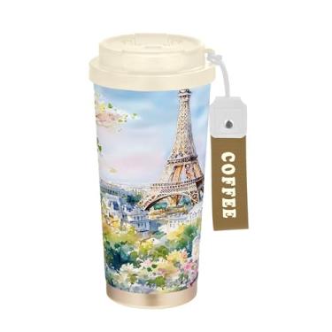 Imagem de SEHANY Caneca de viagem Torre de Paris em aquarela de 500 ml Copos de café reutilizáveis revestidos de cerâmica com tampa à prova de vazamento, parede dupla, isolamento a vácuo, copo de café de aço