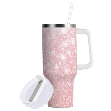 Imagem de ATTX Copo de textura brilhante rosa de 850 g com alça - Caneca de viagem de aço inoxidável isolada a vácuo, xícara de café à prova de vazamento com canudo #120