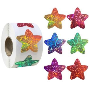 Imagem de Rolo de adesivos de estrela brilhante 500 peças | Tema de cores mistas, papel autoadesivo, formas de estrela redondas brilhantes, para aniversário, casamento, festa, presente, selos de envelope