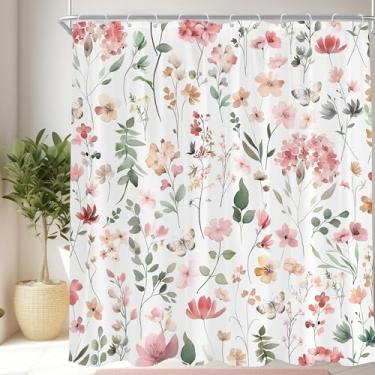 Imagem de Cinbloo Cortina de chuveiro rosa coral, flor, floral, 182 cm L x 198 cm A, pêssego, rosa, rosa blush, fofo, borboleta, primavera, conjunto de cortina de banheiro feminino, acessórios de banheiro
