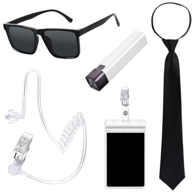 Imagem de Yanbuny 5 peças de fantasia de alienígena de agente de Halloween incluem óculos de sol pretos com crachá de gravata e fone de ouvido falso para homens e mulheres, cosplay de Halloween