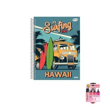 Imagem de Kit Caderno Masculino 1 Matéria Capa Dura 96 Folhas KBOM + Caneta Spiro Glow 24 Unidades + Marca Texto Boss 4 Cores Pink