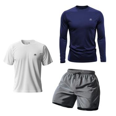Imagem de Kit Camiseta Dry Manga Longa Uv, Manga Curta E Short Mauricinho P Ao Plus Treino Praia Verão Básico-Masculino