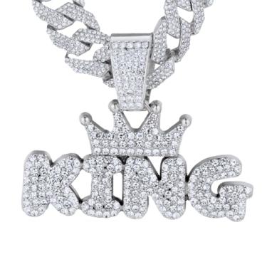 Imagem de Halukakah Colar King com coroa de diamante para meninos e adolescentes, banhado a ouro real 18k, conjunto de garras de diamantes de laboratório, pingente de letra bolha 3D com corrente de elos cubanos
