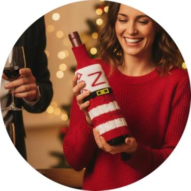 Imagem de Capa de garrafa de vinho, decoração de mesa de Natal divertida para festas de fim de ano, manga de vinho de malha para troca de presentes, decoração de casa