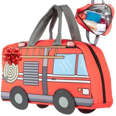 Imagem de Lancheira infantil isolada em forma de caminhão de bombeiros com alça - mantém a comida quente ou fria por horas - Bolsa reutilizável para bolsas de gelo, recipientes Bento, garrafas térmicas