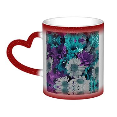 Imagem de Xícara de café divertida com flores roxas e azul-petróleo, copo de cerâmica que muda de cor sensível ao calor 12 Oz, para café/chá/leite/cacau, para adolescente/aniversário/festival/presentes