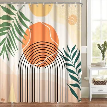 Imagem de Cortina de chuveiro moderna boho para banheiro abstrato minimalista conjunto de decoração de banheiro folhas verdes listras laranja sol cortinas de banheira lavável na máquina tecido de poliéster