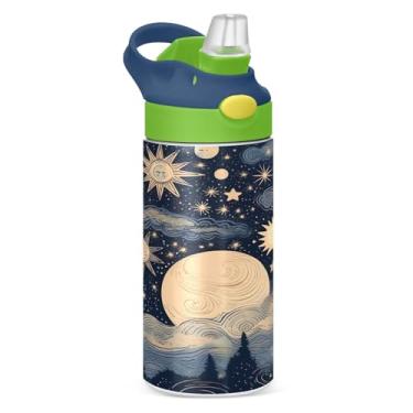 Imagem de Wassud Garrafa de água infantil isolada com tampas de canudo Garrafas de água de aço inoxidável para crianças 350 ml estrelas e lua