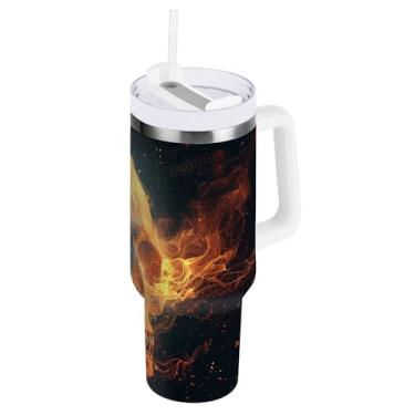 Imagem de STAYTOP Copo de caveira de chama de 1,134 g com tampa e canudo, copo isolado de aço inoxidável durável à prova de vazamento com alça, garrafas de água à prova de derramamento para viagens