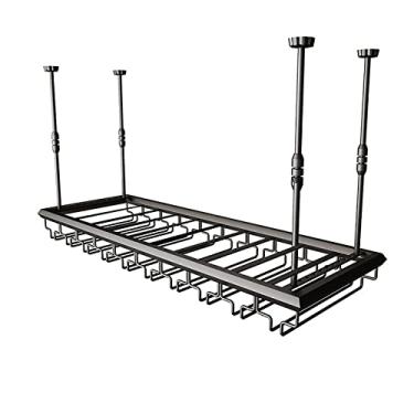 Imagem de APUM Suporte de vinho de ferro de teto, altura ajustável, prateleira de garrafa de vinho de metal, suporte de taças preto, restaurantes/bares/suporte de exibição decorativo para casa