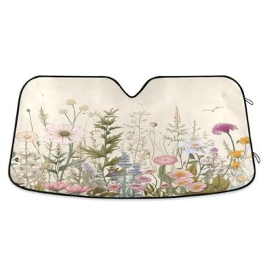 Imagem de Wassud Para-brisa para-sol acessórios de carro dobrável para janela dianteira do carro blocos raios UV ervas flores silvestres refletivo guarda-sol 70 x 139 cm