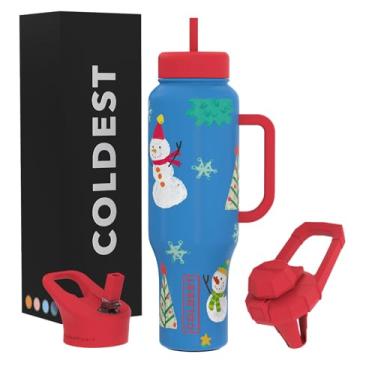 Imagem de Copo Coldest com alça e canudo, copo isolado 100% à prova de vazamento com tampa e canudo (3 tampas), copos de aço inoxidável para mulheres e homens, base compatível com porta-copos, 1,304 g (Sr