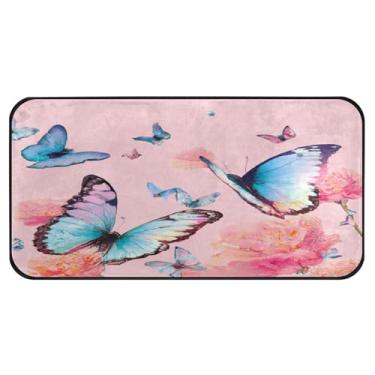 Imagem de Burbuja Tapete de cozinha com flores borboletas 51 x 99 cm, tapete lavável antiderrapante com suporte de borracha, tapete para cozinha, sala de estar, banheiro, decoração de casa