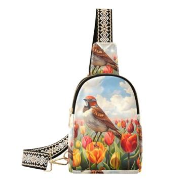 Imagem de CEBUGI Bird in Tulipas pequena bolsa tiracolo de couro para pochete para caminhadas, viagens ao ar livre