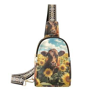 Imagem de CEBUGI Highland Bolsa tiracolo feminina de couro com girassol e girassol, bolsa de peito para caminhadas, viagens ao ar livre