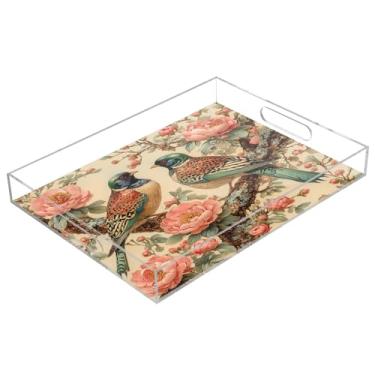 Imagem de STAYTOP Bandeja de acrílico para servir de pássaro fofo no ramo de flores, 15,7 x 11,20 cm, bandejas decorativas à prova de derramamento, organizador de bancada para café da manhã, chá, comida