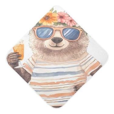 Imagem de Burbuja Urso usando óculos de sol flor grinalda toalha de banho para bebê - toalha macia absorvente de algodão musselina com capuz para recém-nascido, criança pequena, 76 x 76 cm