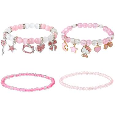 Imagem de ZEYOUZY 4 peças de pulseiras fofas da amizade de gatinhos fofos pulseiras de contas de cristal rosa presentes para meninas mulheres namorada melhor amiga irmã filha neta