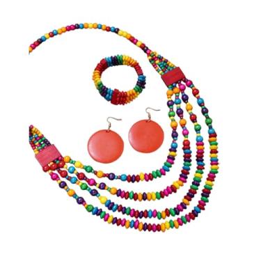 Imagem de DATOA Conjunto de colar gargantilha vintage colorida com contas de madeira boêmia, geométrico, brincos pendentes estilo étnico, bijuterias para mulheres, Madeira, Sem Pedra Preciosa