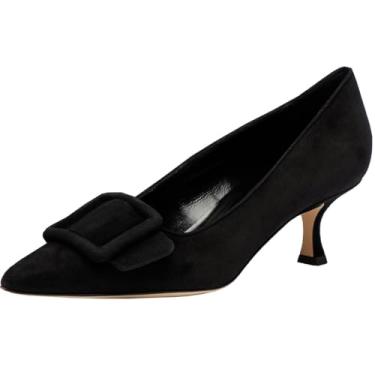 Imagem de Axellion Sapato social feminino de camurça, bico fino, salto baixo, fivela, Camurça preta, 35