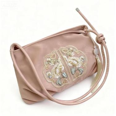 Imagem de Bolsa tiracolo quadrada bordada chinesa elegante bolsa de ombro, rosa, Medium