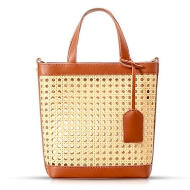 Imagem de Bolsa de praia, bolsa de palha vazada de bambu, couro costurado, com alça de ombro ajustável, bolsa transversal para mulheres, férias, viagem, combinação diária (Cáqui), Caqui, One Size