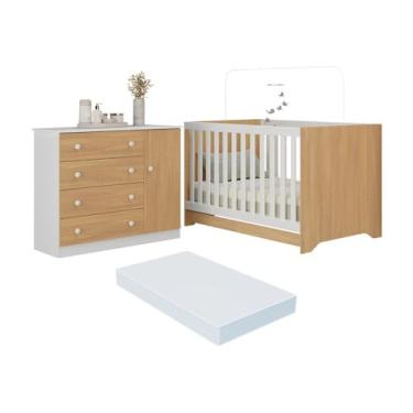 Imagem de Berço Americano 3 em 1 com Colchão Incluso e Cômoda 1 Porta 4 Gavetas Encanto Multimóveis Mp4695 Branco/madeirado