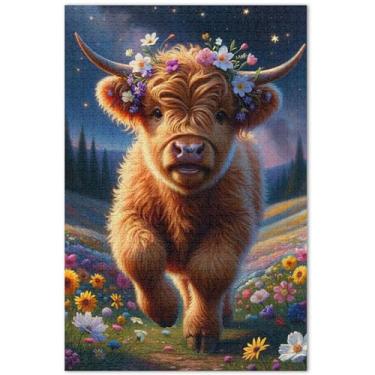 Imagem de Quebra-cabeças de vaca highland floral bezerro adultos 1000 peças arte colorida animal paisagem família elefante branco presentes, 75 x 40 centímetros