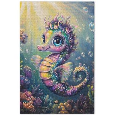 Imagem de Quebra-cabeça bonito cavalo marinho colorido coral 1000 peças cenário adulto paisagem quebra-cabeça rígido presentes engraçados, 75 x 40 cm