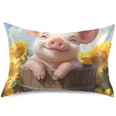 Imagem de Capas de almofada de cetim com estampa de porco, girassóis, para resfriamento de cabelo, King Queen, padrão, design antiderrapante, tamanho padrão, 66 cm x 50 cm