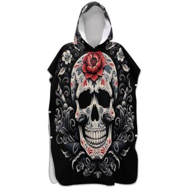 Imagem de Joisal Poncho de surf escuro crânio branco trocador adulto toalha de natação com capuz plus size ponchos femininos com capuz