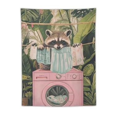 Imagem de Tapeçaria engraçada de guaxinim para lavanderia, animal fofo, pendurar na parede, folhas tropicais, lavadora, secadora, decoração para área de lavanderia, apartamento, dormitório, presente, decoração