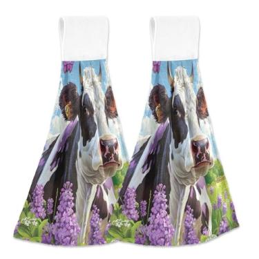 Imagem de Toalhas de mão personalizadas de vaca roxas pretas com laços para pendurar, conjunto de 2 toalhas de cozinha macias e absorventes para decoração de casa, 46 x 35 cm