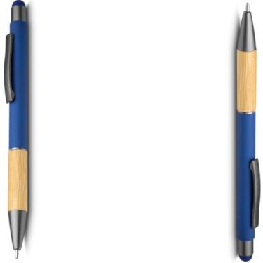 Imagem de Caneta esferográfica em alumínio reciclável com escrita em azul. Detalhe em bambu. Refil parker e ponta touch emborrachada design moderna (Kit 2 Azul)