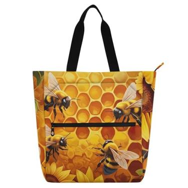 Imagem de GAIGEO Vibrante Bees Girassóis Colmeia Feminina para Trabalho Lona Escolar Sacola com Zíper Bolsa Mensageiro Amantes de Livros