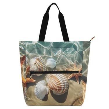 Imagem de GAIGEO Bolsa feminina de verão, praia, conchas, estrela-do-mar, trabalho, bolsa de lona, faculdade, escola, bolsa infantil fofa com compartimentos